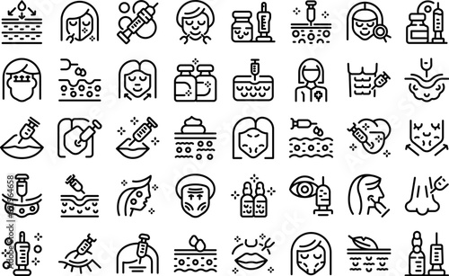 Botox icons set outline vector. Skin injection. Woman health