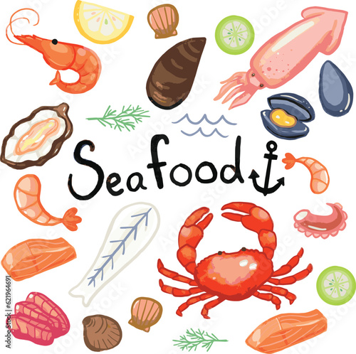  seafood Fresh raw ocean and sea fish, tuna, salmon and herring. cartoon seafood, shrimp, mussels, scallops, oysters