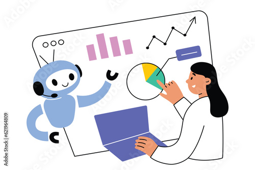 AI analyzing data. Robot helps human work with statistics and information. Artificial intelligence application. Woman with laptop looks at diagram, chart. Hand drawn composition, vector illustration