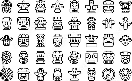 Totem icons set outline vector. Stone altar. Idol statue