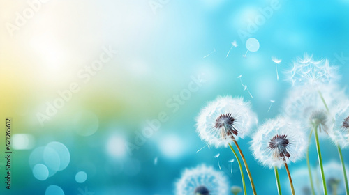 Beautiful closeup of blowball dandelion in nature in spring summer morning  with bokeh and blue turquoise green background banner panorama  Generative Ai