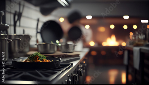 Professional restaurant kitchen interior, indoor dark background with furniture and utensils Ai generated image