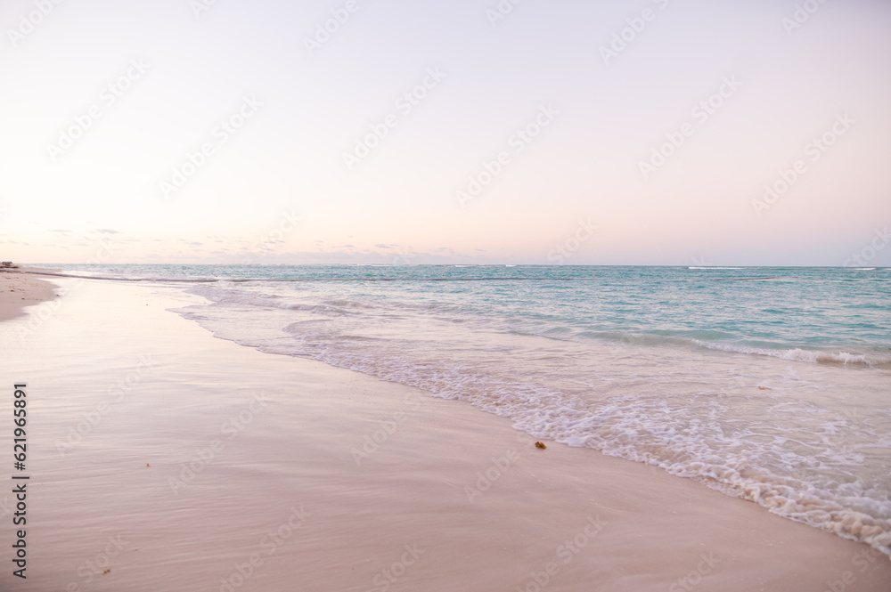 Sea and sandy beach at pink twilight. White foamy waves run onto the sandy beach. Beautiful seascape. Rest, bathing, swimming, vacation.