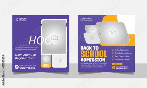 School admission social media post banner, educational social media post square flyer back to school web banner design template.