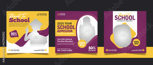 School admission social media post banner, educational social media post square flyer back to school web banner design template.