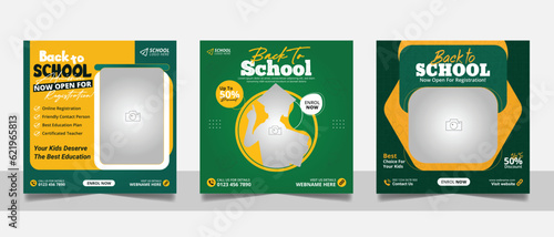 School admission social media post banner, educational social media post square flyer back to school web banner design template.