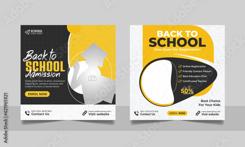 School admission social media post banner, educational social media post square flyer back to school web banner design template.