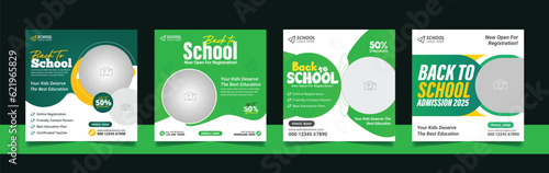School admission social media post banner, educational social media post square flyer back to school web banner design template.
