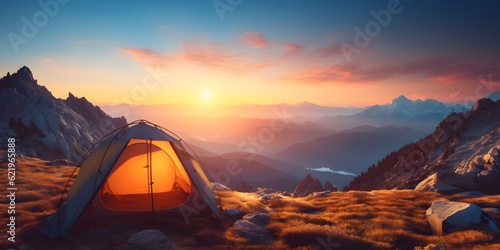 camping tent high in the mountains at sunset. banner with copy space. generative AI
