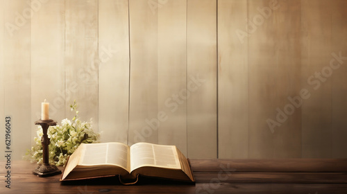 Church faith Christian background banner panorama - Old holy bible and cross on old rustic vintage wooden table, Generative Ai