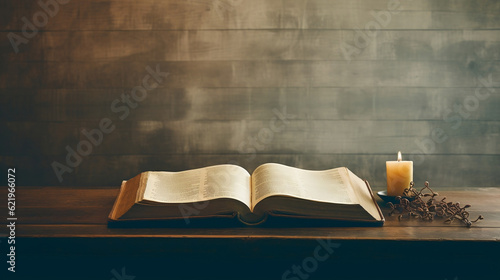 Church faith Christian background banner panorama - Old holy bible and cross on old rustic vintage wooden table, Generative Ai
