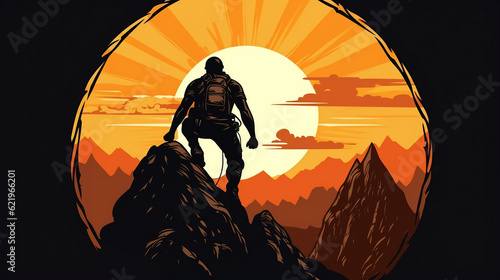 Climb climber adventure hobby vector illustration for logo - Black silhouette of a climbers on a cliff rock with mountains landscape and sunset sunrise as a background, Generative Ai