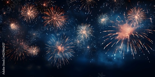 2024 New Year's Eve Party Background Banner Panorama Long Fireworks Over Rustic Dark Blue Night Sky Texture © Jing