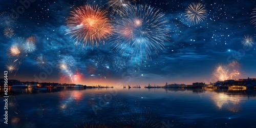 2024 New Year's Eve Party Background Banner Panorama Long Fireworks Over Rustic Dark Blue Night Sky Texture