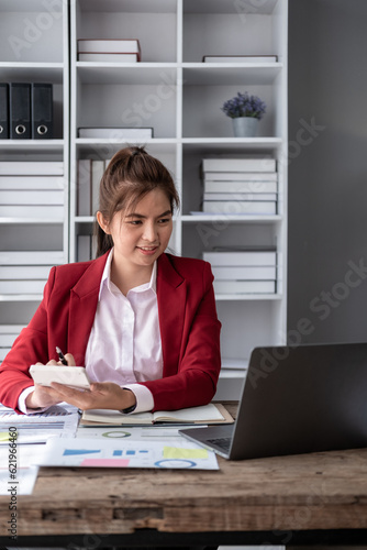 Young beautiful joyful successful happy woman smiling working in office, Manager Accountant Accounting ecommerce owner bookkeeping calculation taxes rates firm law owner interest loan financial