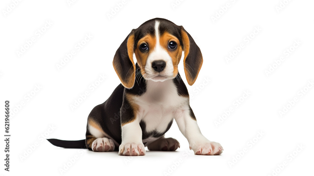 Cute Beagle puppy dog sitting isolated on white background. Digital illustration generative AI.