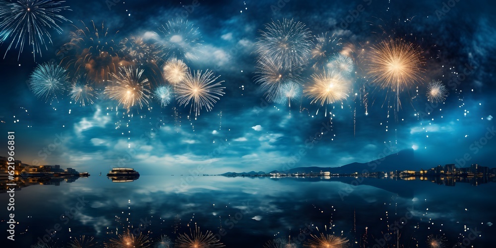 2024 New Year's Eve Party Background Banner Panorama Long Fireworks Over Rustic Dark Blue Night Sky Texture 2024 New Year's Eve Party Background Banner Panorama Long Fireworks Over Rustic Dark Blue Night Sky Texture