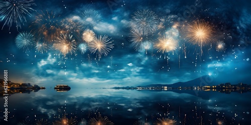 2024 New Year's Eve Party Background Banner Panorama Long Fireworks Over Rustic Dark Blue Night Sky Texture