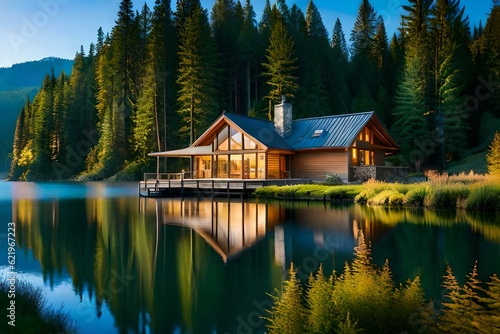 wooden house on lake