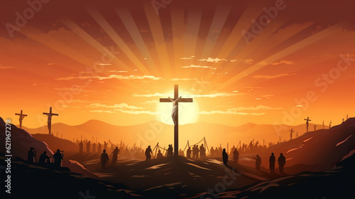 Good friday Easter background panorama vector illustration - Silhouette of Crucifixion of Jesus Christ in Golgota / Golgotha jerusalem israel, with sunrise sunbeams and three , Generative Ai