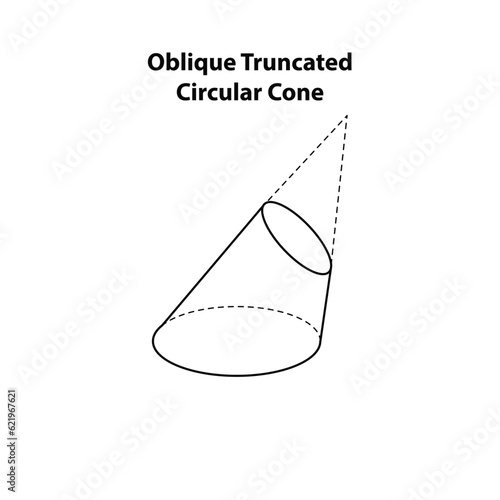 Oblique Truncated Circular Cone. Truncated. 3d geometric shapes vector. geometric hexagonal pyramid complex elements raster illustration isolated on white background