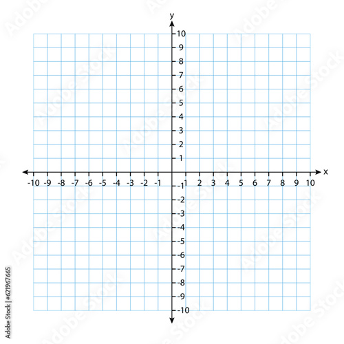 Blank cartesian coordinate system in two dimensions. Rectangular orthogonal coordinate plane with axes X and Y on squared grid. Math scale template. Vector illustration isolated on white background.
