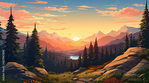 Landscape forest mountains nature adventure travel background - Illustration of valley view of forest fir trees  mountains and sunset  Generative Ai