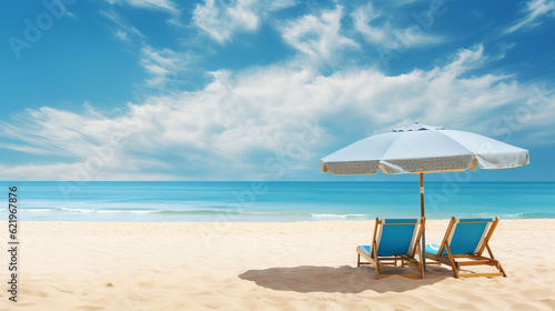 Landscape summer vacation holiday travel ocean sea beach background banner panorama - Wooden sun loungers  lounge chair and parasol on the sand  blue sky and sunshine  Generative Ai