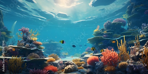 Underwater coral reef landscape with colorful fish. IA Generative © Jing
