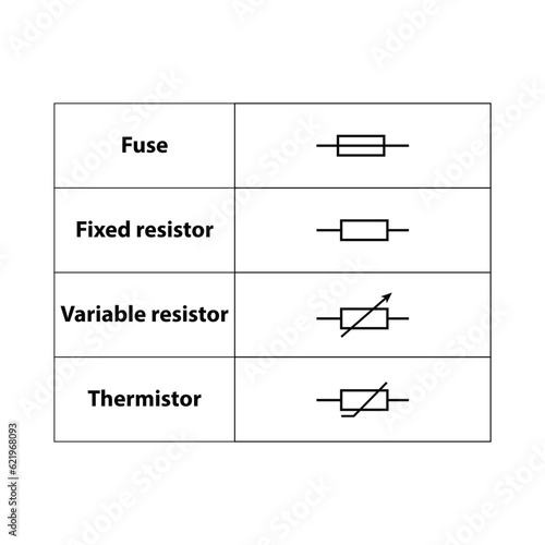 Common electronic symbol. Illustration of basic circuit symbols. Electrical symbols, study content of physics students.  electrical circuits. outline drawing.