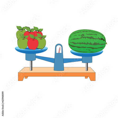 balance Scale Water melon and apple. scales in balance, an imbalance of scales. vector illustration. on white background. scale clipart