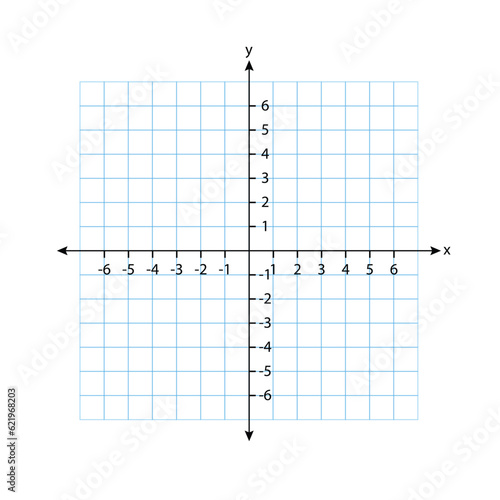 The blank system graph in two dimensions. Rectangular orthogonal coordinate plane with axes X and Y on a squared grid. Math scale template. Vector illustration isolated on white background.