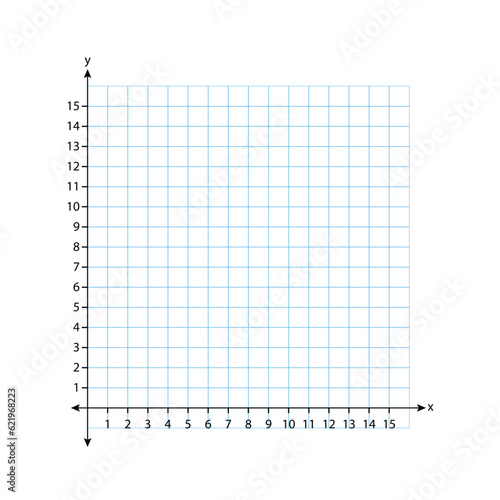 The blank system graph in two dimensions. Rectangular orthogonal coordinate plane with axes X and Y on a squared grid. Math scale template. Vector illustration isolated on white background.