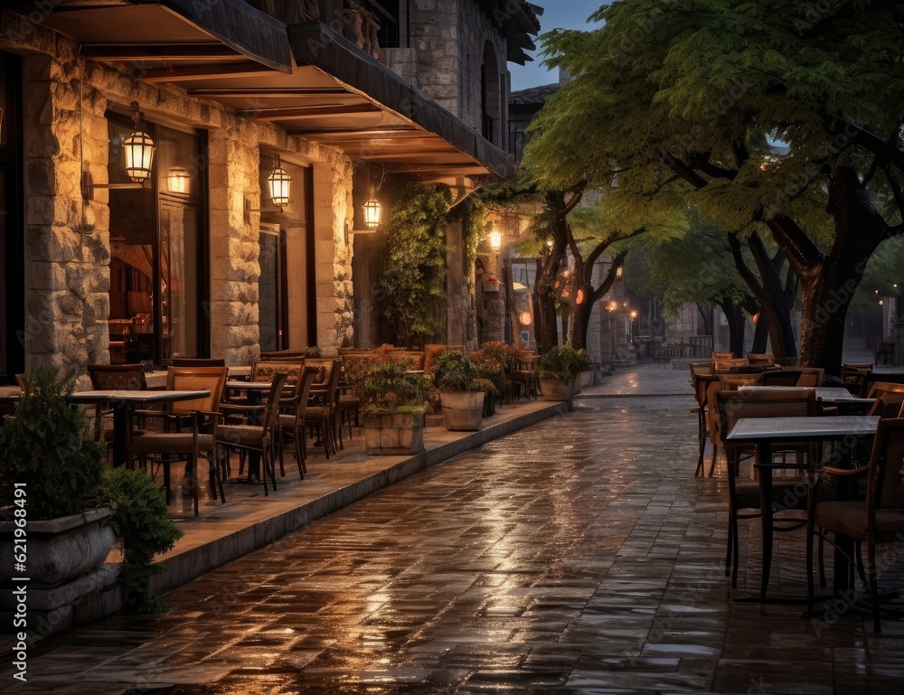 Fototapeta premium Table of food center tuscan style town in the evening,tuscana town. Created with Generative AI technology.