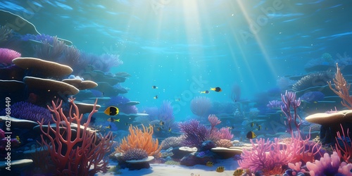Underwater coral reef landscape with colorful fish. IA Generative