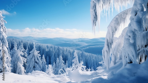 Stunning panorama of snowy landscape in winter in Black Forest - Snow winter wonderland snowscape with blue sky, close-up of frozen tree branch with icicle , Generative Ai