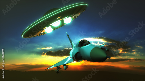 a fighter jet is being pursued by a ufo (3d rendering)