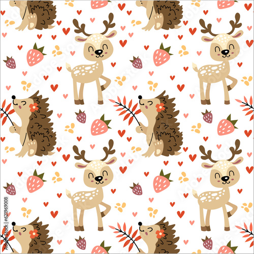 Pattern with hedgehogs and deer. Forest seamless pattern with cute animals. Vector illustration on a white background.