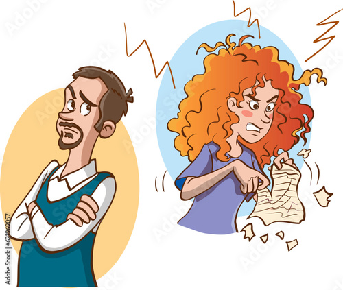 Concept of divorce, misunderstanding in family. Angry man and offended woman standing separately from each other. Relationship break up, crisis. Vector illustration in flat cartoon style.
