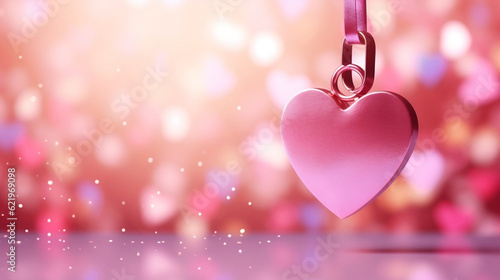 Valentines Day Wedding Love Birthday background banner panorama greeting card template - Pink heart love padlocks with bright heart bokeh lights, Generative Ai