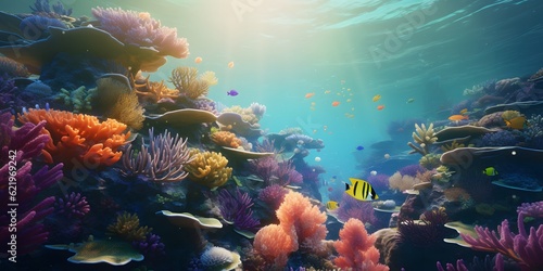 Underwater coral reef landscape with colorful fish. IA Generative © Jing