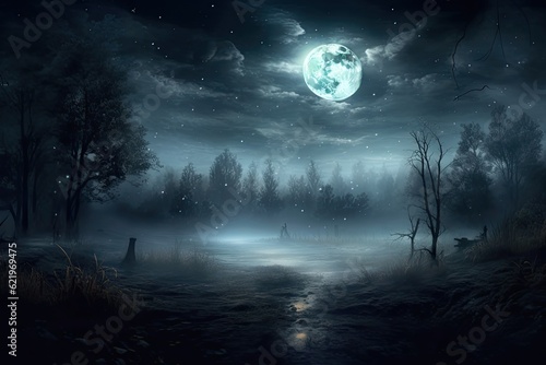 Dark forest. Gloomy dark scene with trees, big moon, moonlight. Smoke, shadow. Abstract dark, cold street background. Night view. Created with Generative AI technology. © lililia