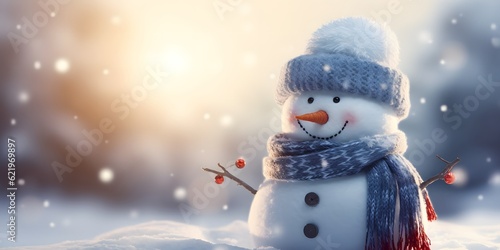 Winter holiday christmas background banner - Closeup of cute funny laughing snowman with wool hat and scarf, on snowy snow snowscape with bokeh lights, illuminated by the sun