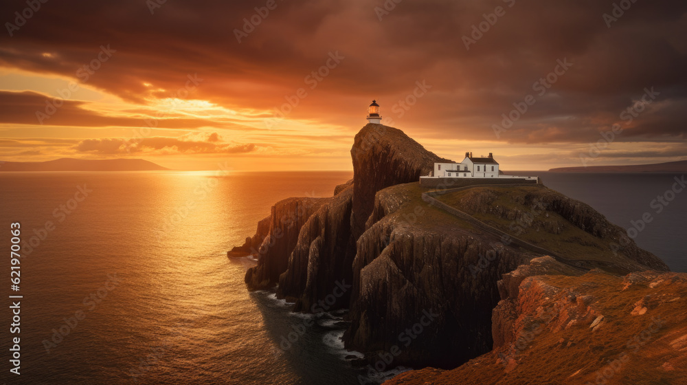 a lighthouse on a steep cliff by the sea at sunset. Generative AI