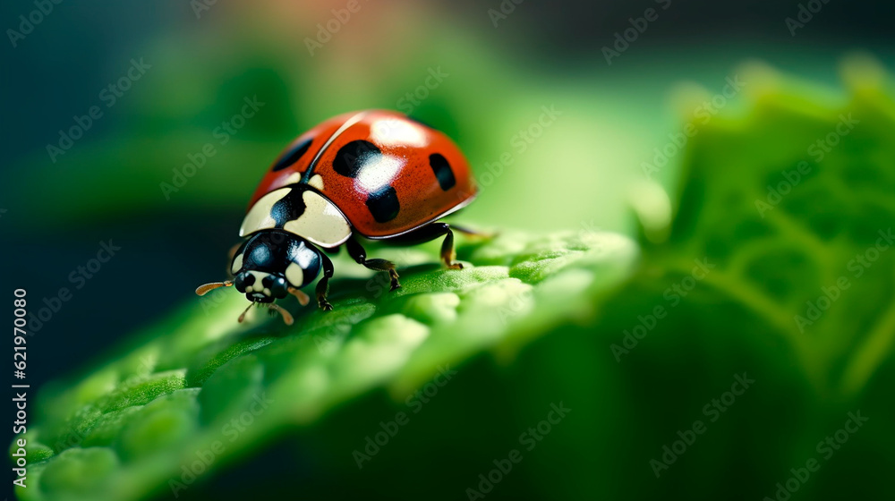 Close-up Photograph of a Ladybug on a Plant Leaf. Generative AI.