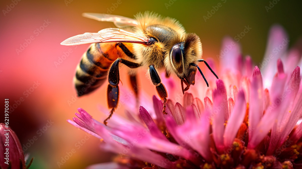 Nature's Pollinators: Close-up Photograph of a Honeybee Collecting Nectar. Generative AI. Nature's Pollinators: Close-up Photograph of a Honeybee Collecting Nectar. Generative AI.