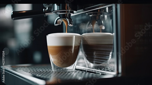 close up of a coffee being poured out of a coffee machine. Generative AI