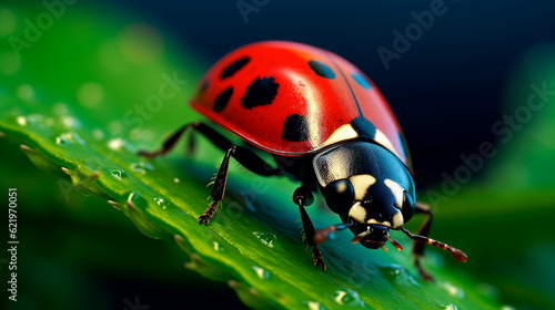 Macro Shot of a Ladybug Resting on a Leaf. Generative AI.