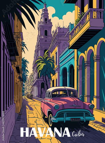Stampa su tela Havana, Cuba Travel Destination Poster in retro style