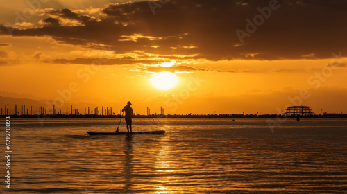 a silhouette of a young pretty woman on a stand up paddle in the sunset. Generative AI